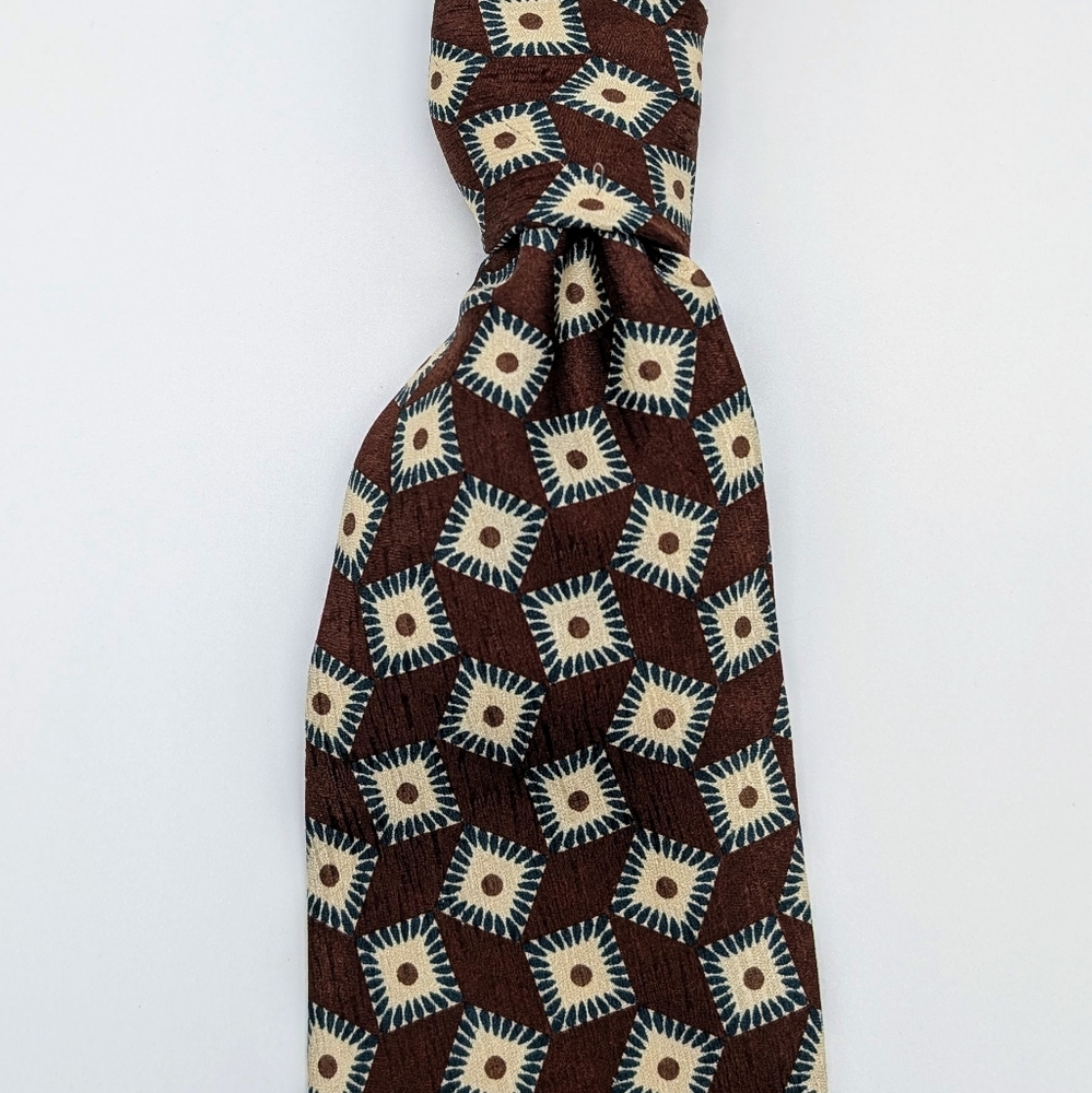 Villa Bugatti Brown Geometric Patterned Tie 100% Italian Silk